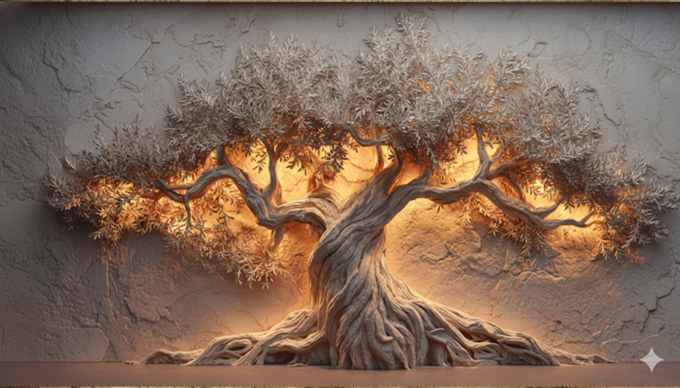Görkemli Zeytin Ağacı Duvar Sanatı, Dokulu Ağaç Kanvası, Işıklı Doğa Dekorasyonu, Rustik Ev Dekorasyonu, 3D Efektli Kanvas Sanat Eseri
